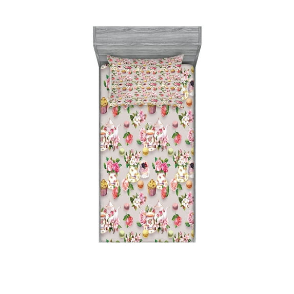 Ambesonne Vintage Fitted Sheet & Pillow Sham Set, Antique Retro Tea Set, Twin, Pale Pink Hot Pink