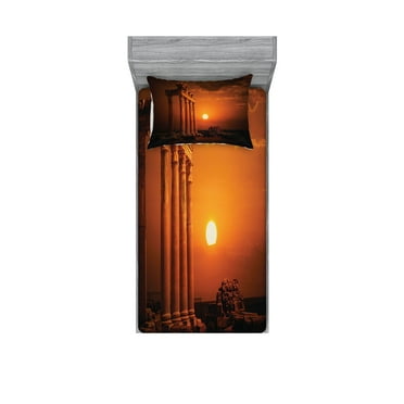 Ambesonne Vintage Fitted Sheet & Pillow Sham Set, Antique Style Monument, Twin, Orange and White