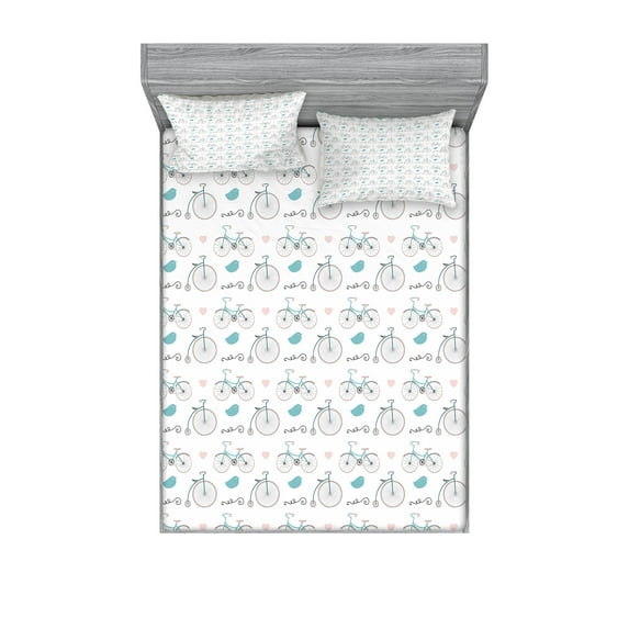 Ambesonne Vintage Fitted Sheet & Pillow Sham Set, Bikes Hipster Retro, Queen, Soft Pink Blue