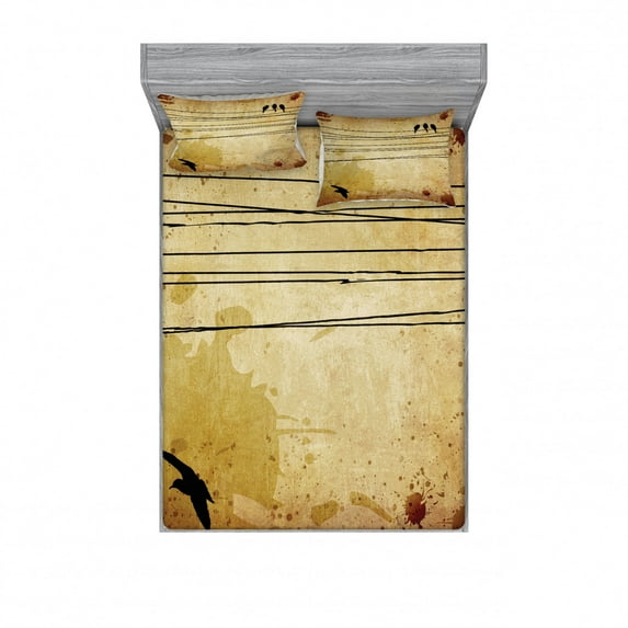 Ambesonne Vintage Fitted Sheet & Pillow Sham Set, Birds on Cable Grunge, Full, Mustard