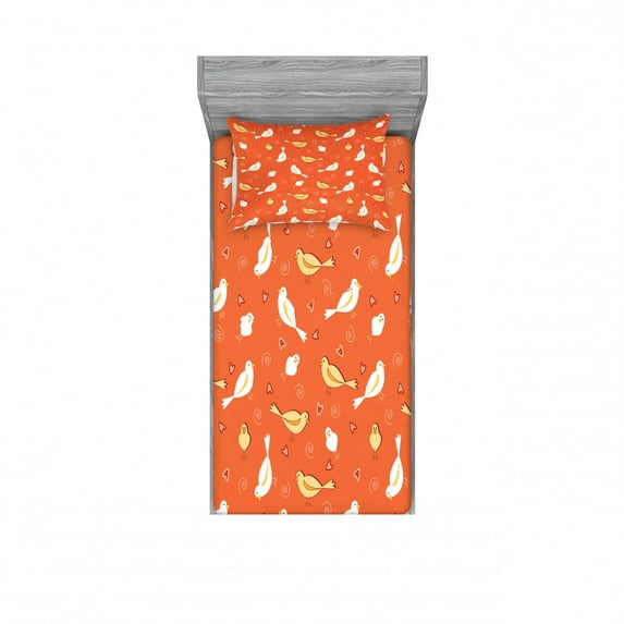Ambesonne Vintage Fitted Sheet & Pillow Sham Set, Birds with Heart Shapes, Twinxl, Orange Yellow White