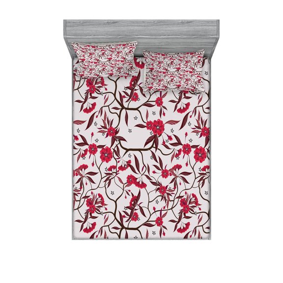 Ambesonne Vintage Fitted Sheet & Pillow Sham Set, Blooming Spring Branches, Queen, Dark Brown and Dark Coral