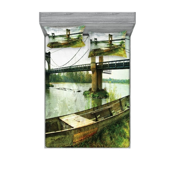 Ambesonne Vintage Fitted Sheet & Pillow Sham Set, Bridge and Old Boat, Queen, Green Grey