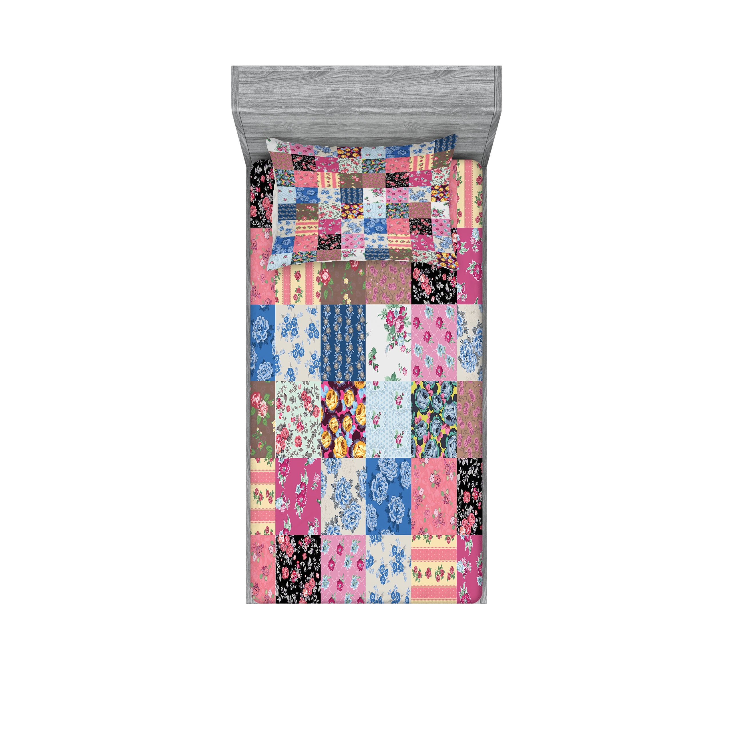Twin Pink Patchwork Microfiber Bed Sheet Set