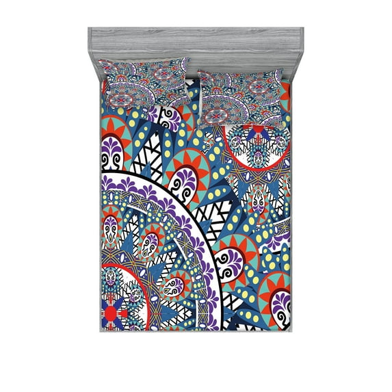 Ambesonne Vintage Fitted Sheet & Pillow Sham Set, Circular Floral, Queen, Multicolor