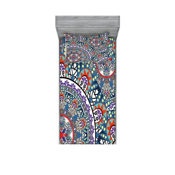 Ambesonne Vintage Fitted Sheet & Pillow Sham Set, Circular Floral, Twin, Multicolor