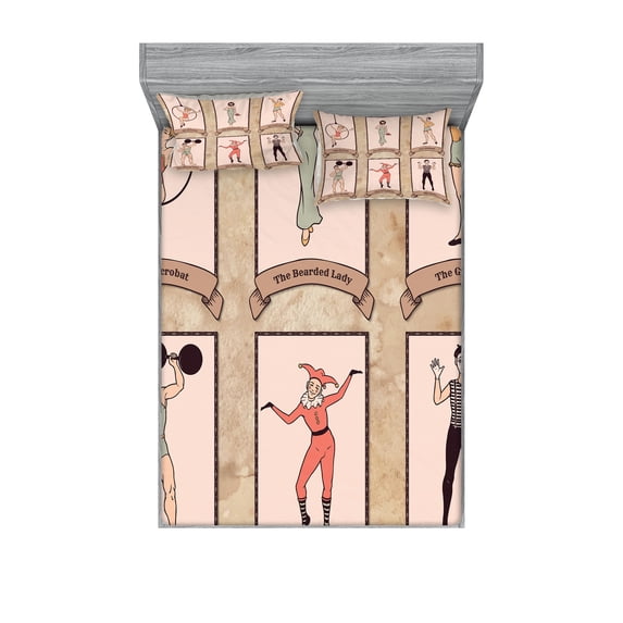Ambesonne Vintage Fitted Sheet & Pillow Sham Set, Circus Acrobats Gymnast, Queen, Pink Beige