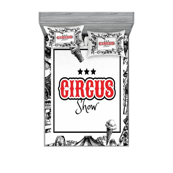 Ambesonne Vintage Fitted Sheet & Pillow Sham Set, Circus Show Magician, Full, Orange Black