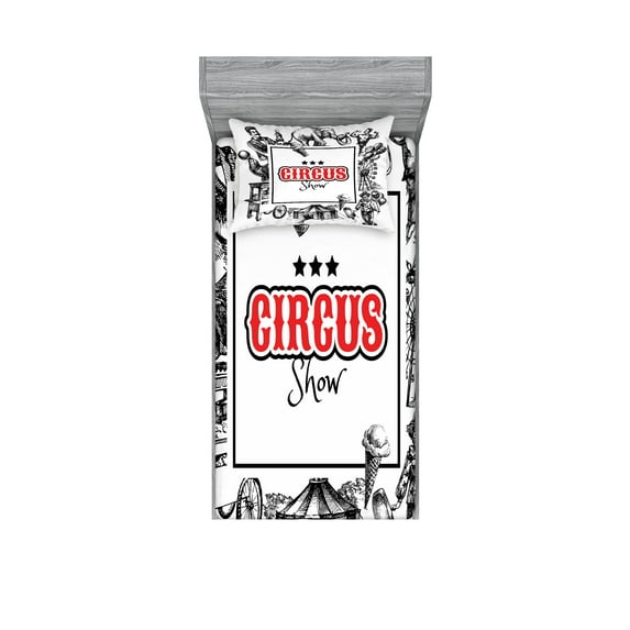 Ambesonne Vintage Fitted Sheet & Pillow Sham Set, Circus Show Magician, Twinxl, Orange Black