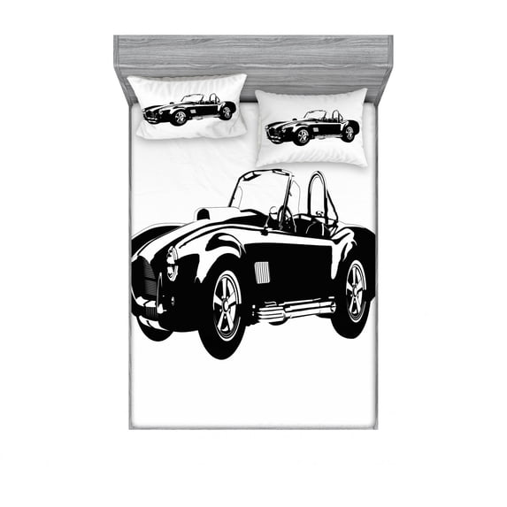 Ambesonne Vintage Fitted Sheet & Pillow Sham Set, Classic Car Silhouette, Queen, Black White