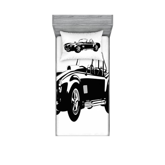 Ambesonne Vintage Fitted Sheet & Pillow Sham Set, Classic Car Silhouette, Twinxl, Black White