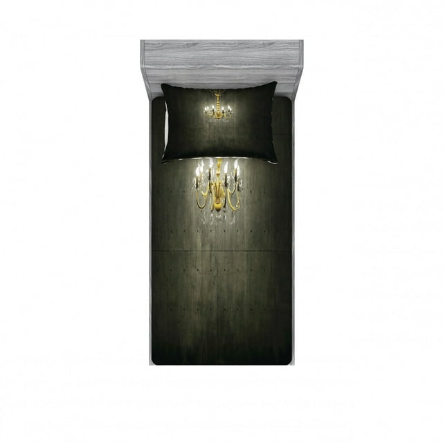 Ambesonne Vintage Fitted Sheet & Pillow Sham Set, Classic Dark Chandelier, Twinxl, Grey and Yellow