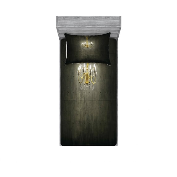 Ambesonne Vintage Fitted Sheet & Pillow Sham Set, Classic Dark Chandelier, Twinxl, Grey and Yellow