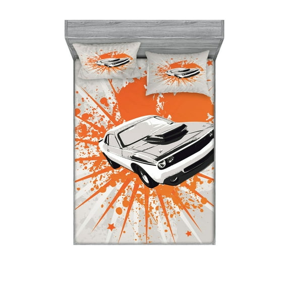 Ambesonne Vintage Fitted Sheet & Pillow Sham Set, Classic Sports Car, Full, Grey Orange