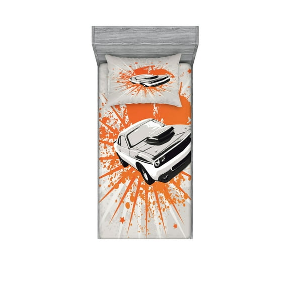 Ambesonne Vintage Fitted Sheet & Pillow Sham Set, Classic Sports Car, Twin, Grey Orange