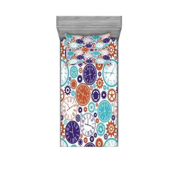 Ambesonne Vintage Fitted Sheet & Pillow Sham Set, Clock with Roman Digits, Twin, Blue and Dark Orange