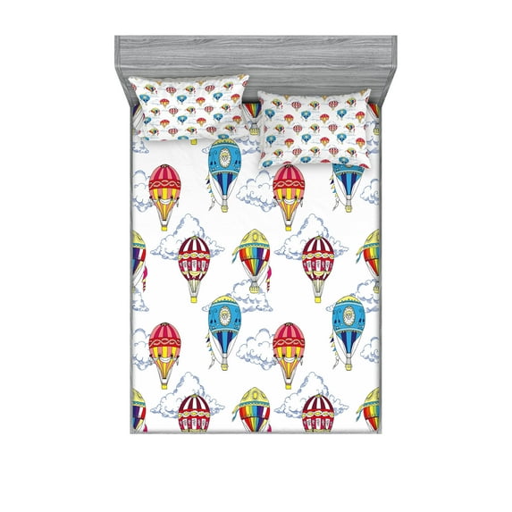 Ambesonne Vintage Fitted Sheet & Pillow Sham Set, Clouds Hot Air Balloons, Queen, Multicolor