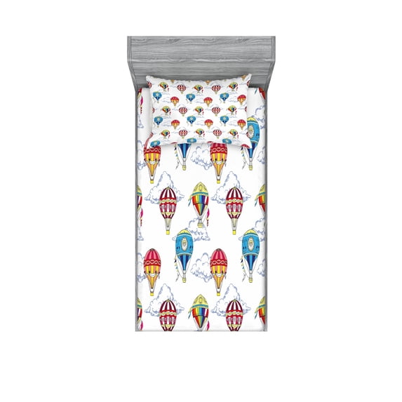 Ambesonne Vintage Fitted Sheet & Pillow Sham Set, Clouds Hot Air Balloons, Twin, Multicolor