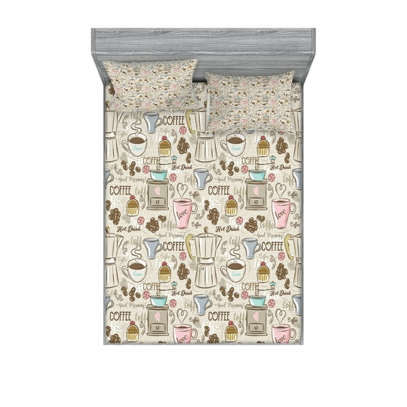 Ambesonne Vintage Fitted Sheet & Pillow Sham Set, Coffee Espresso Machine, Queen, Pale Pink Beige