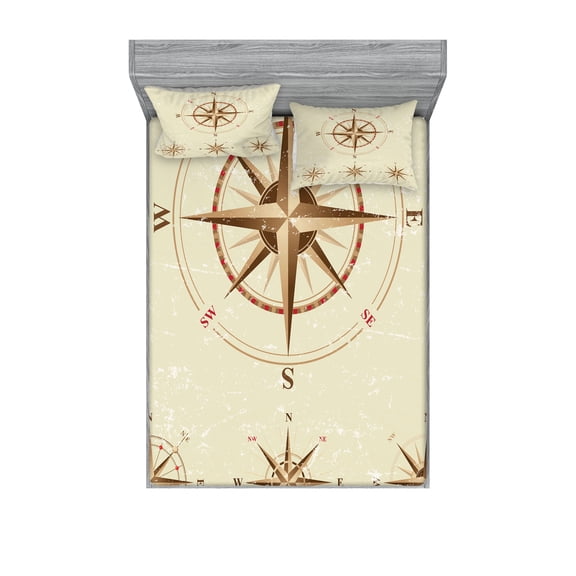 Ambesonne Vintage Fitted Sheet & Pillow Sham Set, Compass Nautical Retro, Full, Beige Tan