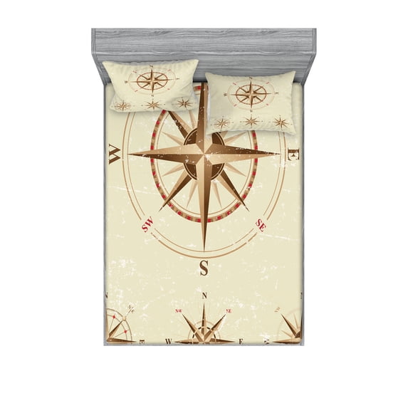 Ambesonne Vintage Fitted Sheet & Pillow Sham Set, Compass Nautical Retro, Queen, Beige Tan