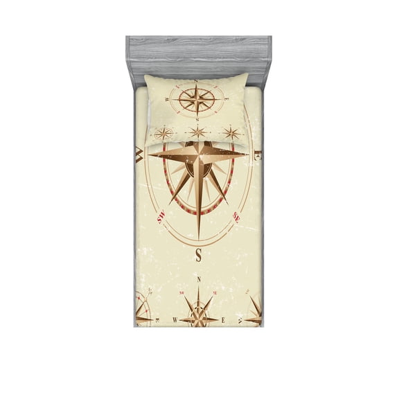 Ambesonne Vintage Fitted Sheet & Pillow Sham Set, Compass Nautical Retro, Twin, Beige Tan