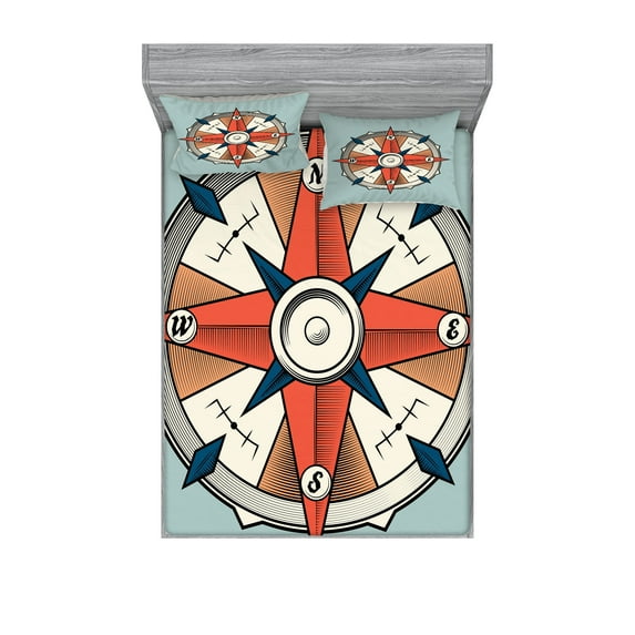 Ambesonne Vintage Fitted Sheet & Pillow Sham Set, Cruise Compass Grunge, Queen, Pale Orange Turquoise