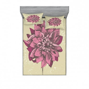 Ambesonne Vintage Fitted Sheet & Pillow Sham Set, Dahlia Flower Bohemian, Queen, Purple Khaki