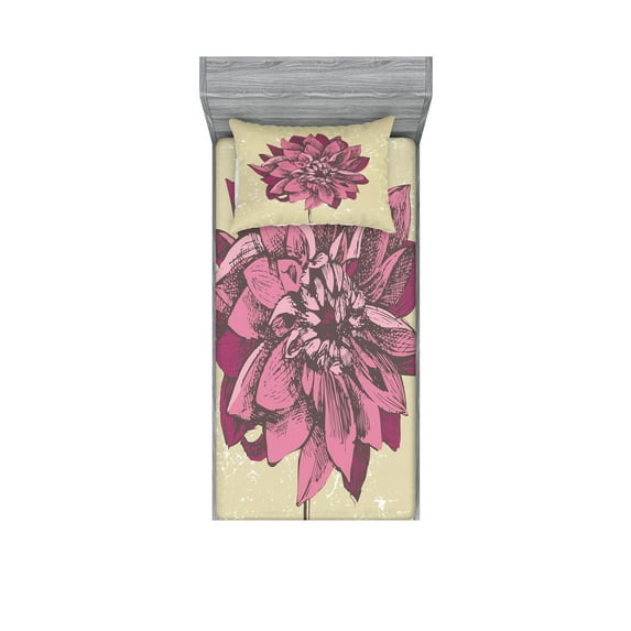Ambesonne Vintage Fitted Sheet & Pillow Sham Set, Dahlia Flower Bohemian, Twinxl, Purple Khaki