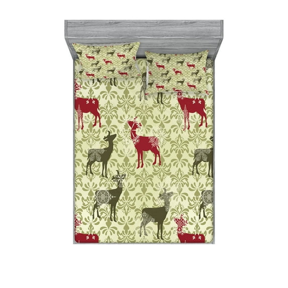 Ambesonne Vintage Fitted Sheet & Pillow Sham Set, Damask Design Pattern, Queen, Maroon Green