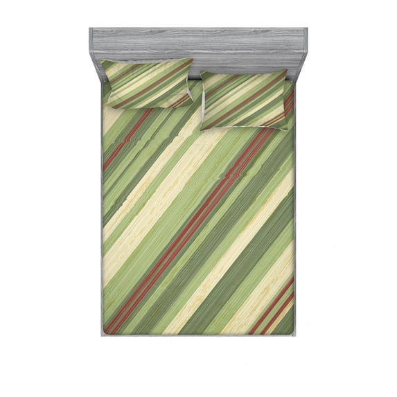 Ambesonne Vintage Fitted Sheet & Pillow Sham Set, Diagonal Stripes Grungy, Queen, Cream Green Red