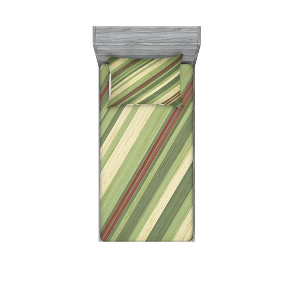 Ambesonne Vintage Fitted Sheet & Pillow Sham Set, Diagonal Stripes Grungy, Twinxl, Cream Green Red