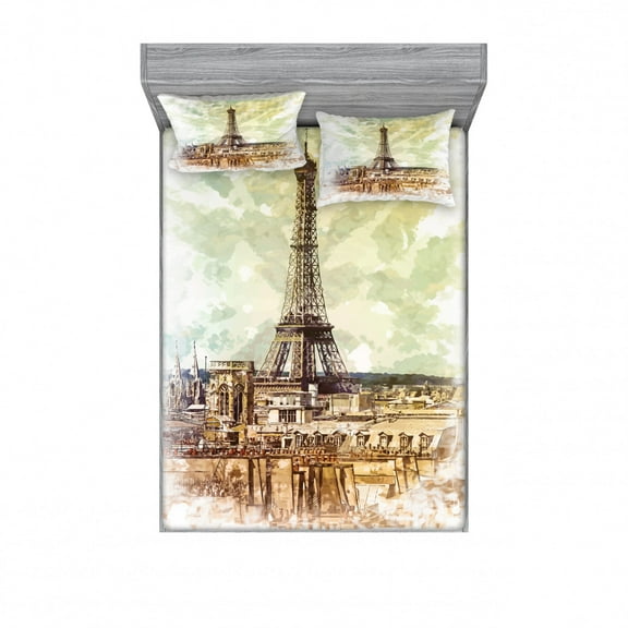 Ambesonne Vintage Fitted Sheet & Pillow Sham Set, Eiffel Tower Skyline, Queen, Brown Beige
