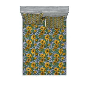 Ambesonne Vintage Fitted Sheet & Pillow Sham Set, Entangled Leaves Flowers, Full, Earth Yellow Fern Green