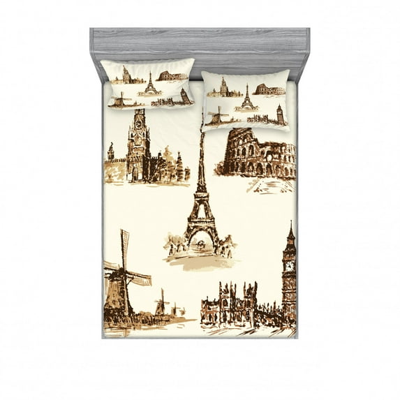 Ambesonne Vintage Fitted Sheet & Pillow Sham Set, European Landmarks City, Queen, Brown and Cream