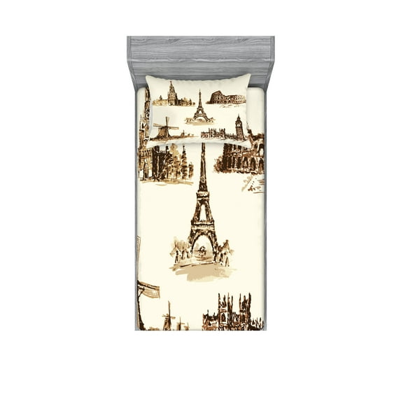 Ambesonne Vintage Fitted Sheet & Pillow Sham Set, European Landmarks City, Twin, Brown and Cream