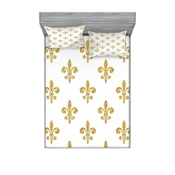 Ambesonne Vintage Fitted Sheet & Pillow Sham Set, European Lily Noble, Queen, Yellow White