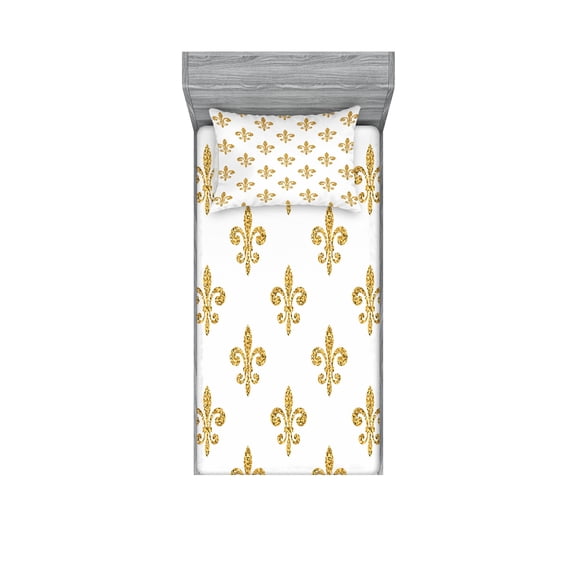 Ambesonne Vintage Fitted Sheet & Pillow Sham Set, European Lily Noble, Twinxl, Yellow White