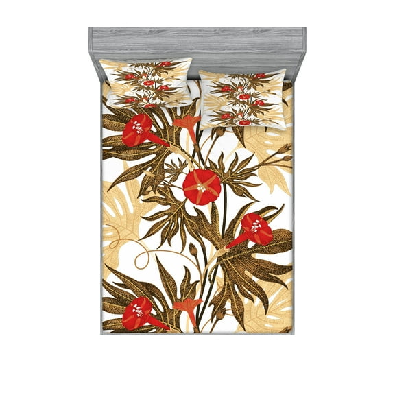 Ambesonne Vintage Fitted Sheet & Pillow Sham Set, Exotic Climbing Ivy, Full, Brown Sand Brown Red