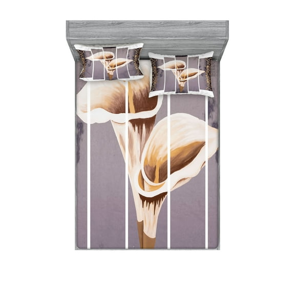 Ambesonne Vintage Fitted Sheet & Pillow Sham Set, Exotic Flower and Curlicue, Full, Umber Purpleblue