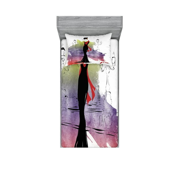 Ambesonne Vintage Fitted Sheet & Pillow Sham Set, Fashion Lady on Street, Twin, Multicolor