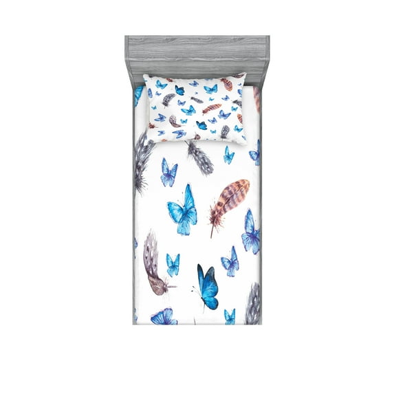 Ambesonne Vintage Fitted Sheet & Pillow Sham Set, Feathers and Butterfly, Twinxl, Blue White Grey