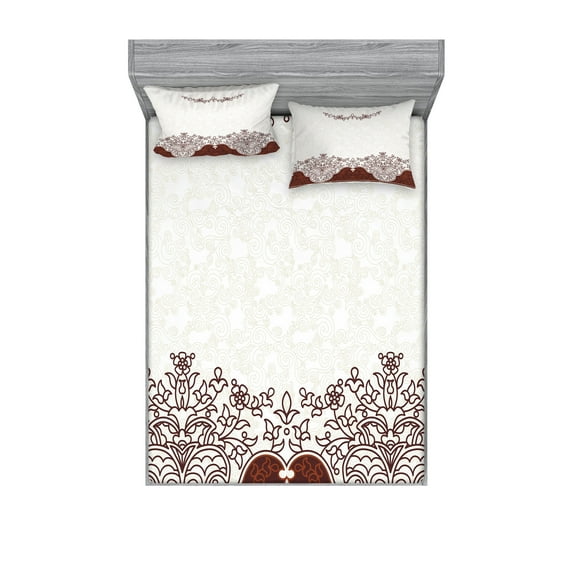 Ambesonne Vintage Fitted Sheet & Pillow Sham Set, Floral Persian Design, Full, Beige Brown