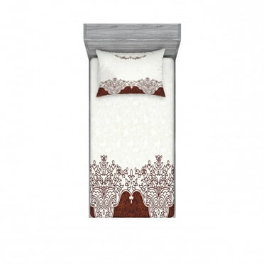 Ambesonne Vintage Fitted Sheet & Pillow Sham Set, Floral Persian Design, Twin, Beige Brown