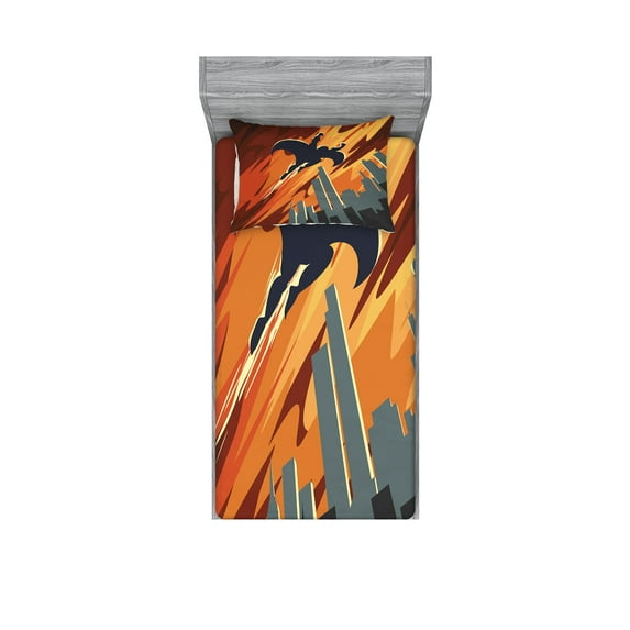 Ambesonne Vintage Fitted Sheet & Pillow Sham Set, Flying Superhero, Twin, Red Orange Grey