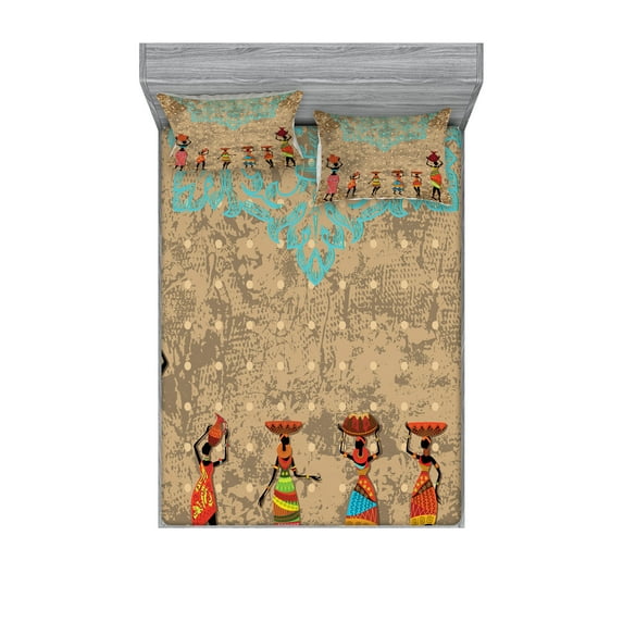 Ambesonne Vintage Fitted Sheet & Pillow Sham Set, Folkloric Boho African, Full, Seafoam Cocoa