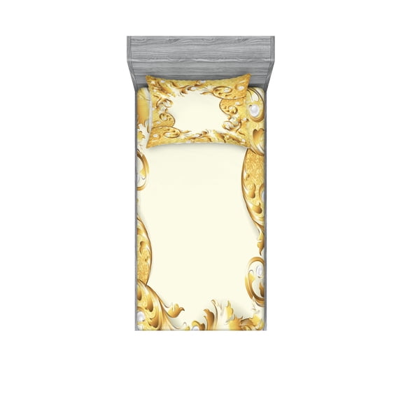 Ambesonne Vintage Fitted Sheet & Pillow Sham Set, Golden Floral Ornament, Twin, Cream Yellow