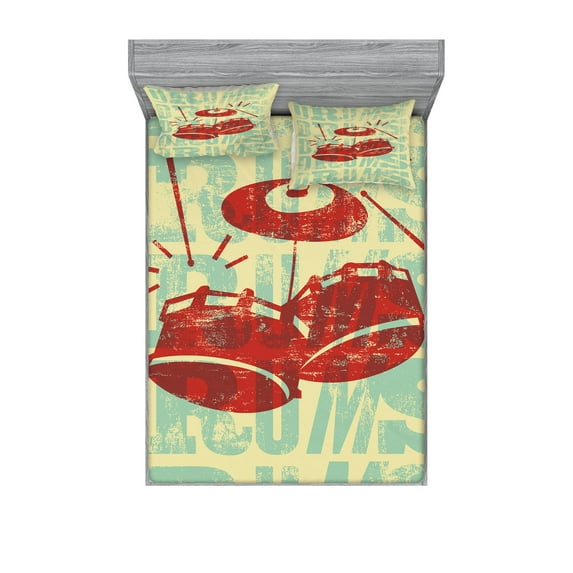 Ambesonne Vintage Fitted Sheet & Pillow Sham Set, Groovy Rock Music Vibe, Queen, Red Yellow