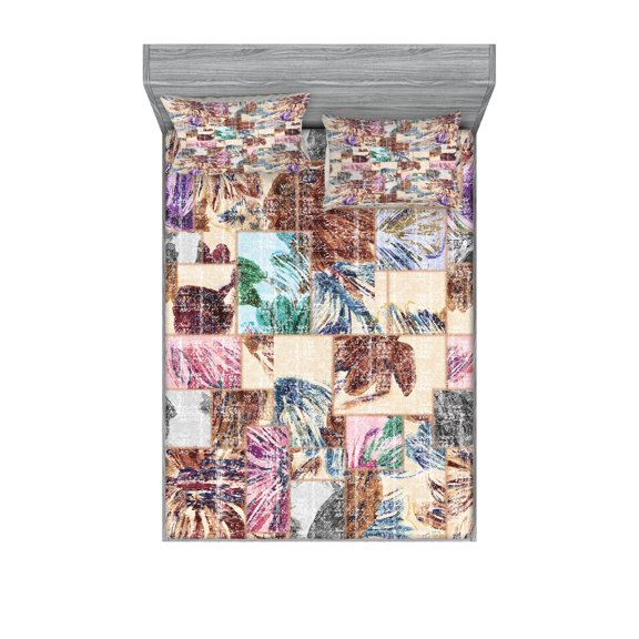 Ambesonne Vintage Fitted Sheet & Pillow Sham Set, Grunge Abstract Floral Art, Full, Champagne and Multicolor