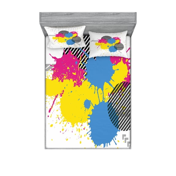 Ambesonne Vintage Fitted Sheet & Pillow Sham Set, Grunge Ink Splatter, Queen, Yellow Pink